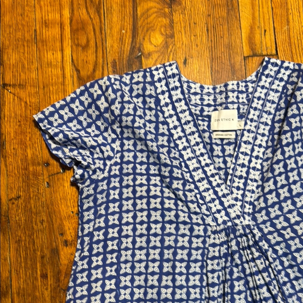 ZEN‎ ETHIC Women's Pistil V Neck A Line Blue White Block Print Patterned Dress L - Picture 4 of 16